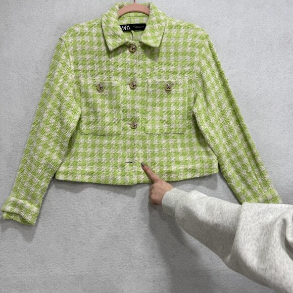 ZARA Jacket Womens Small Green Check Tweed Cropped Button Front Pockets Collared - Picture 3 of 8